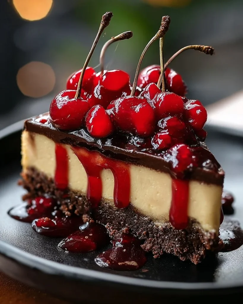 Black Forest No-Bake Cheesecake topped with chocolate and cherries