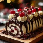 Delicious Black Forest Roll Cake with chocolate and cherry filling