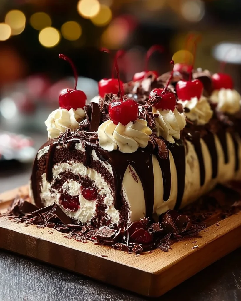 Delicious Black Forest Roll Cake with chocolate and cherry filling