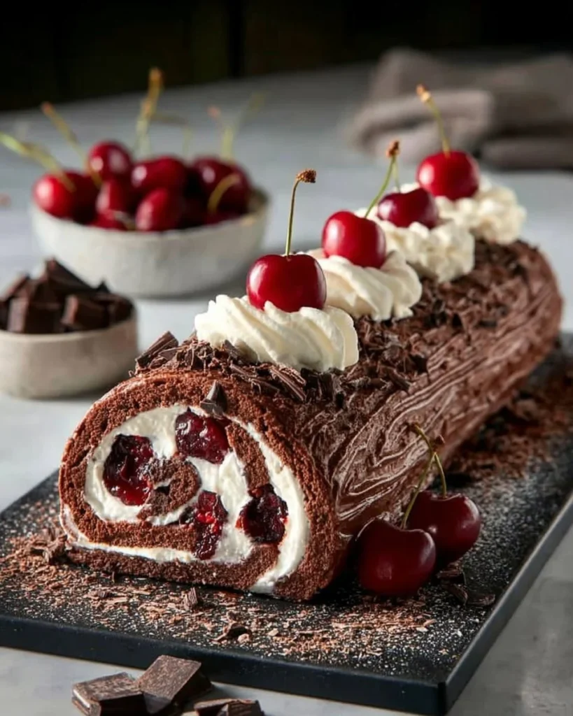 Delicious Black Forest Roll Cake with chocolate and cherries