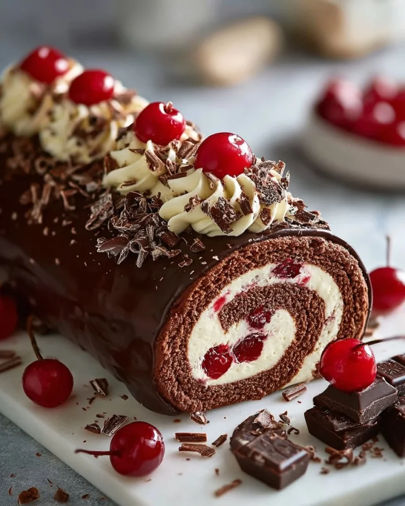 Delectable Black Forest Roll Cake featuring chocolate sponge and cherry filling.