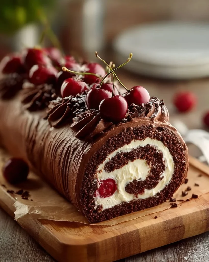Delicious Black Forest Roll Cake featuring chocolate and cherries