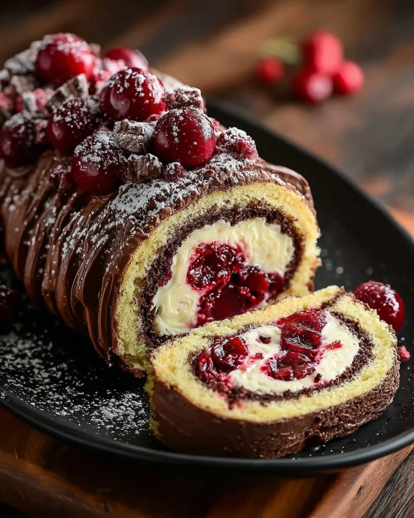 Delicious Black Forest Roll Cake with chocolate and cherry toppings