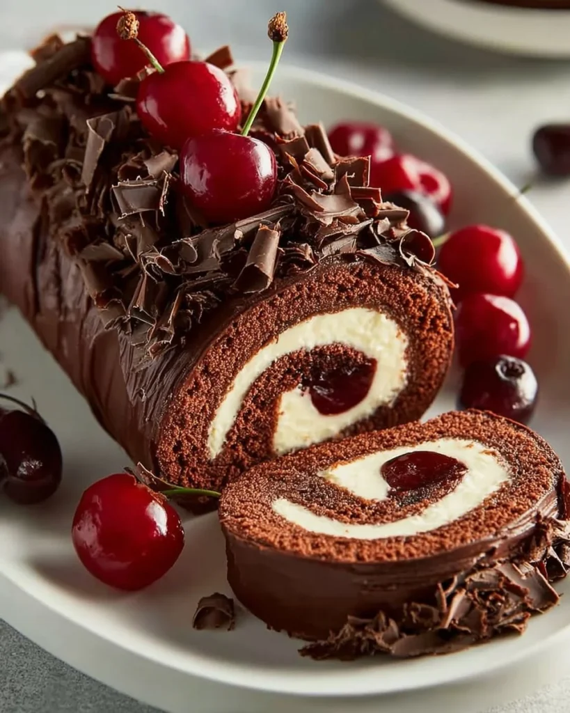 Delicious Black Forest Roll Cake with chocolate and cherry topping