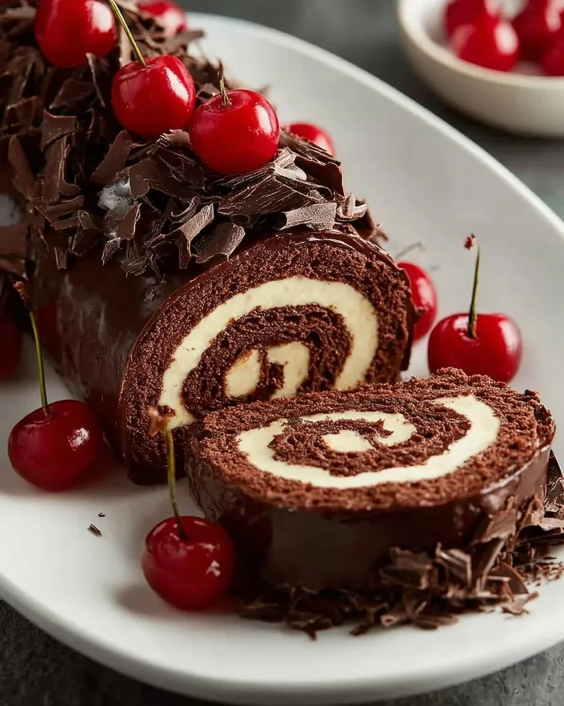 Delicious Black Forest Roll Cake topped with chocolate and cherries