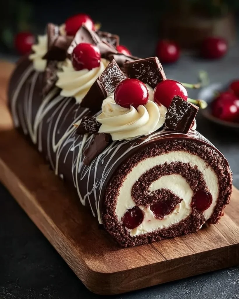 Delicious Black Forest Roll Cake with chocolate and cherry topping