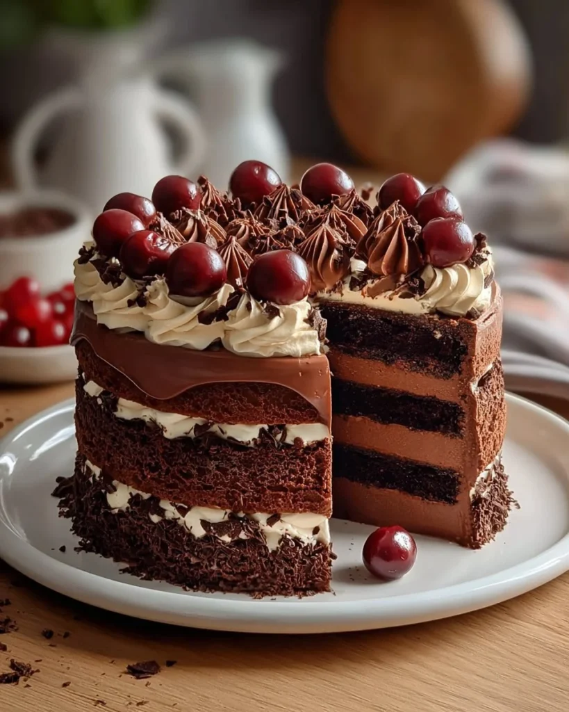 Delicious Black Forest Swiss Roll with chocolate and cherries on a plate