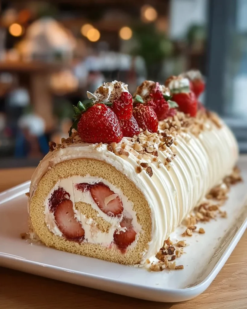 Decadent Black Forest Swiss Roll dessert on a plate with cherries and cream.
