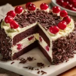 Decadent Black Jungle Cake topped with creamy frosting and decorative chocolate