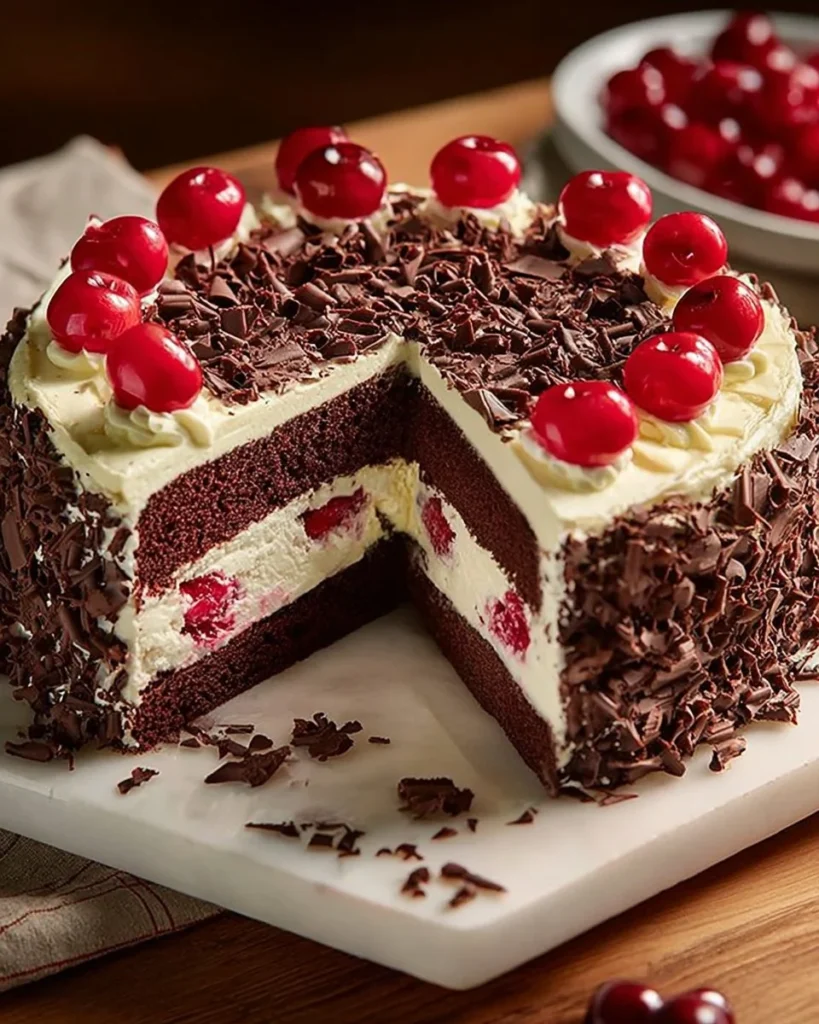 Decadent Black Jungle Cake topped with creamy frosting and decorative chocolate