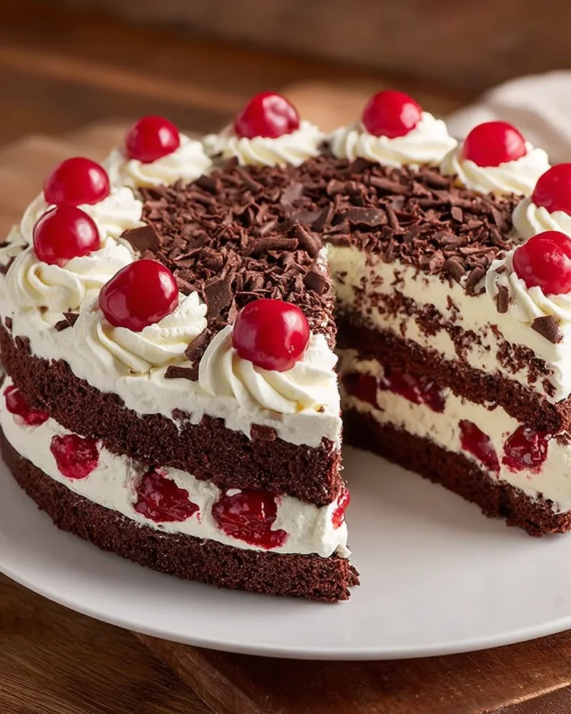 A decadent Black Jungle Cake showcasing layers of rich chocolate and cream.