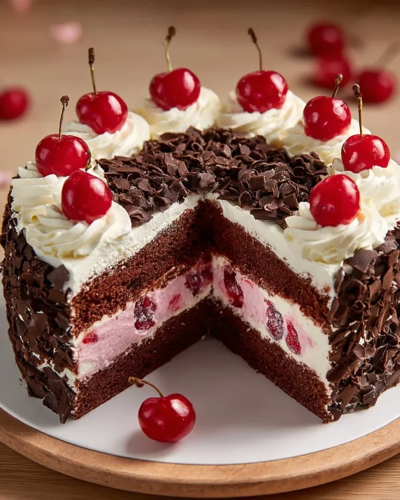 A delicious Black Jungle Cake topped with chocolate and tropical fruits