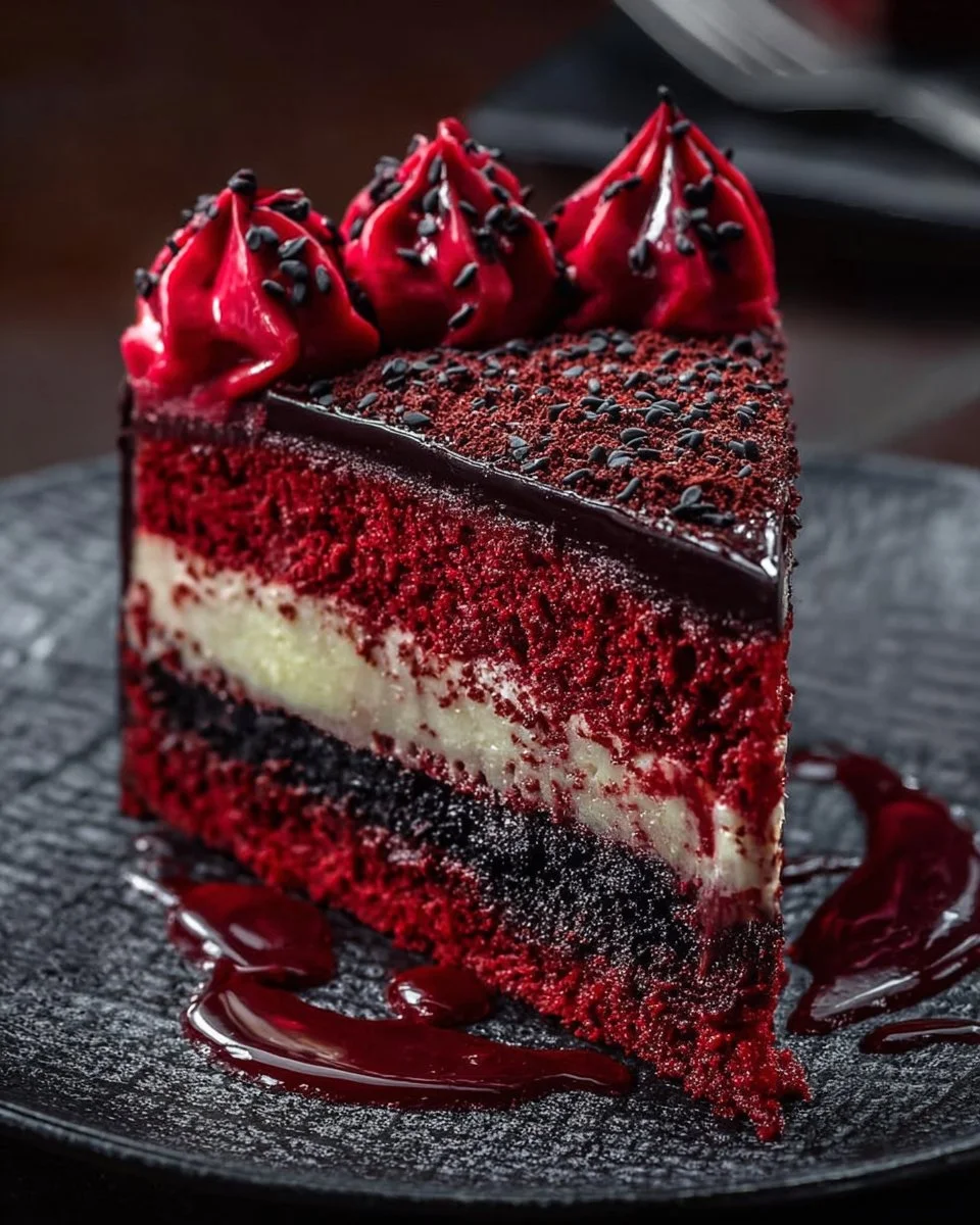 Slice of Black Sesame Red Velvet Cheesecake topped with sesame seeds