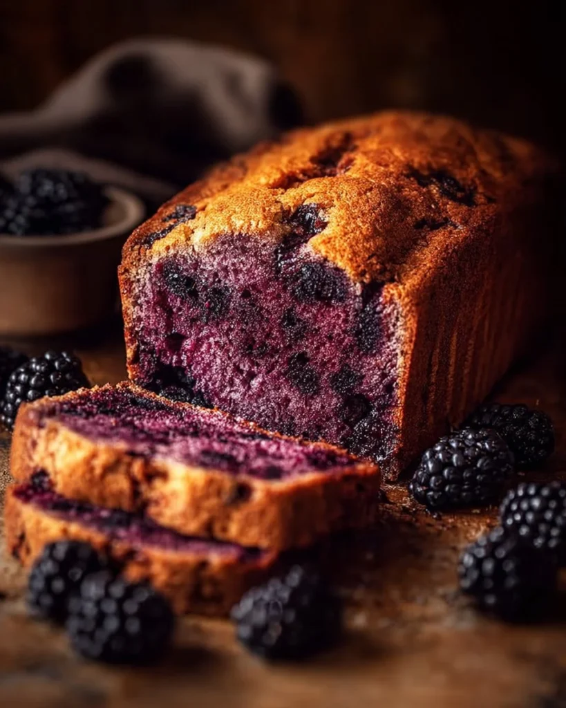 Loaf of freshly baked Blackberry Bread with blackberries on the side