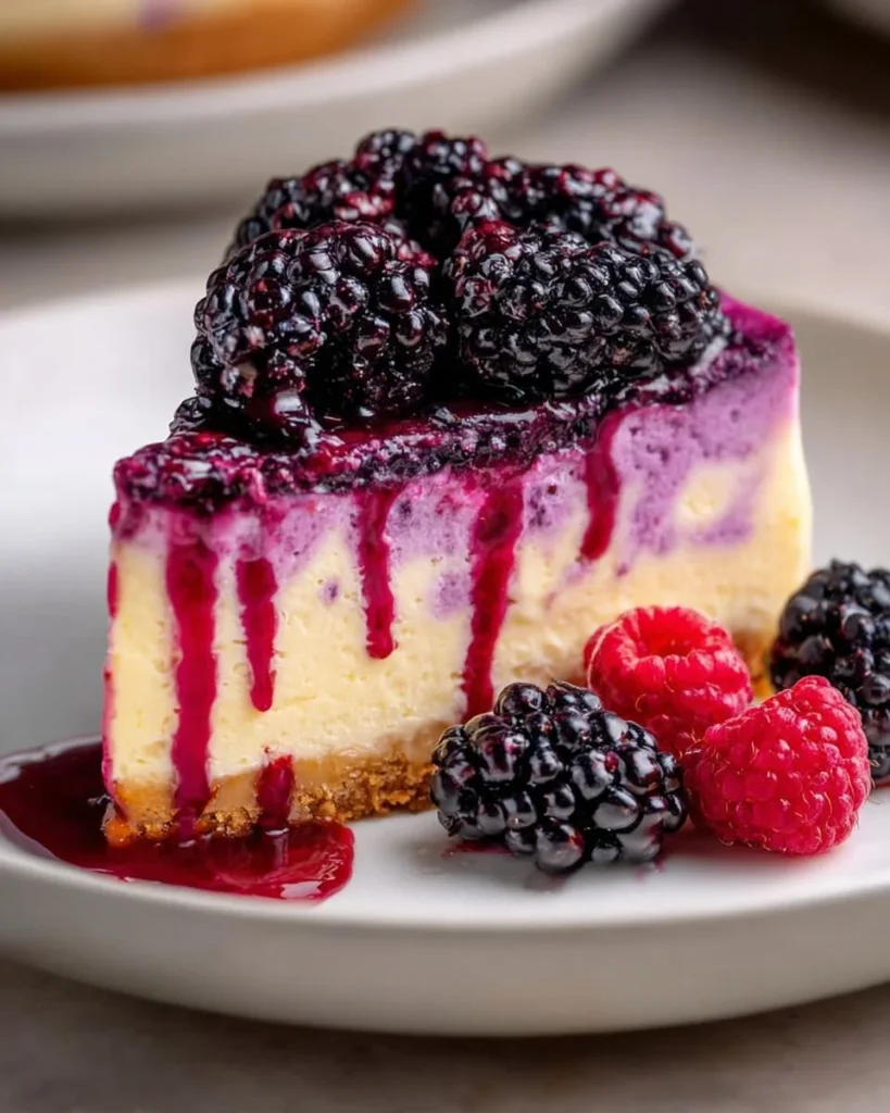 Delicious slice of blackberry cheesecake topped with fresh blackberries.