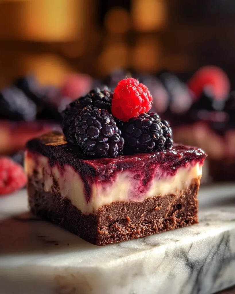 Delicious Blackberry Cheesecake Brownies topped with fresh blackberries