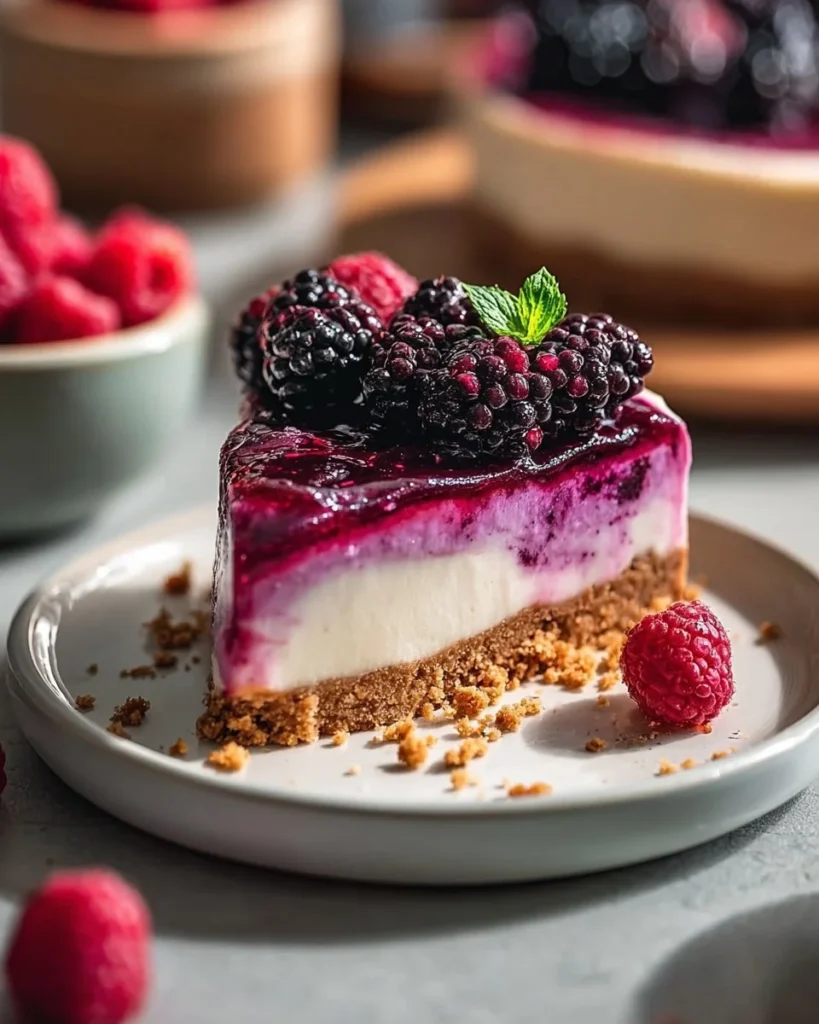 Delicious Blackberry Cheesecake topped with fresh blackberries and a ginger cinnamon crust