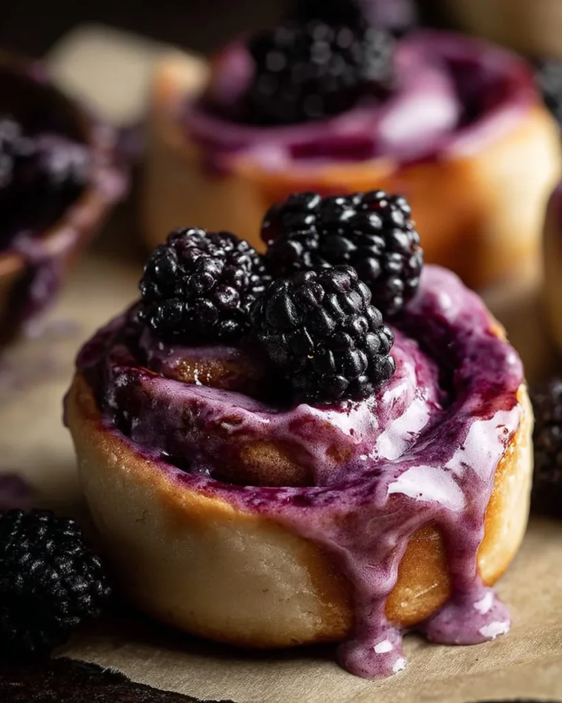 Freshly baked blackberry cinnamon rolls with a drizzle of icing