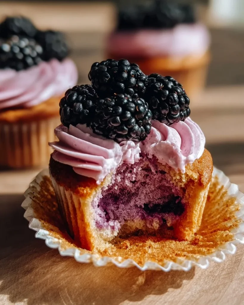 Freshly baked blackberry cupcakes with cream frosting on a wooden table