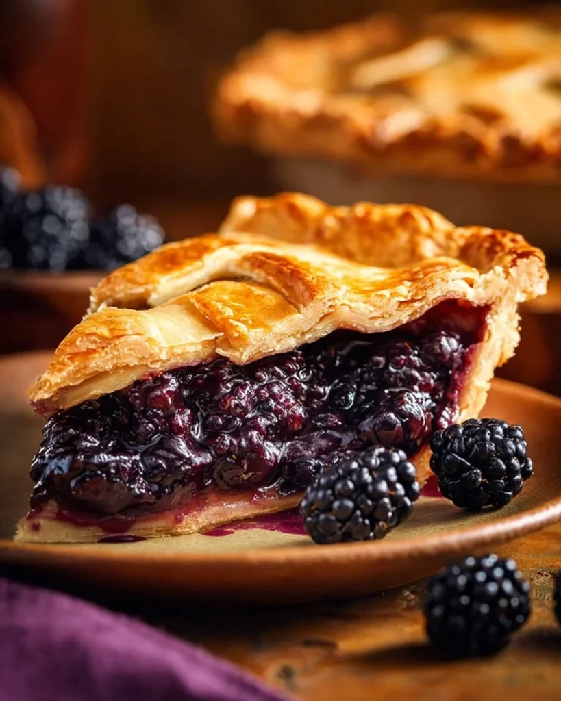 Slice of homemade Blackberry Custard Pie with fresh blackberries on top