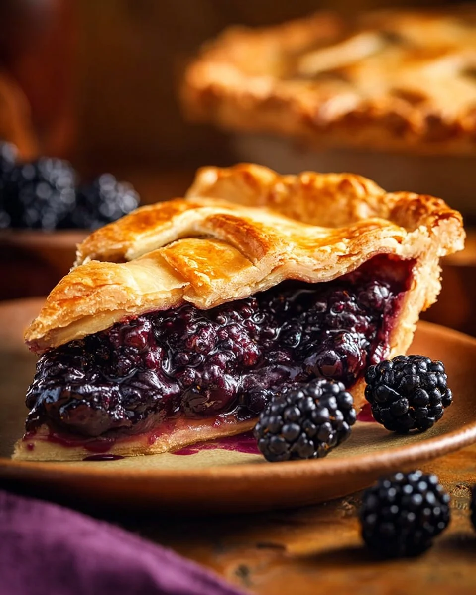 Slice of homemade Blackberry Custard Pie with fresh blackberries on top
