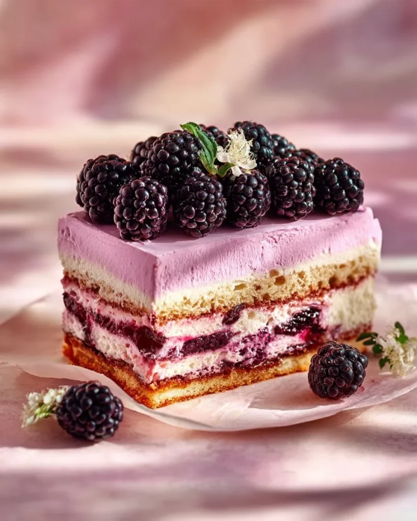 Delicious Blackberry Icebox Cake topped with fresh blackberries and cream.