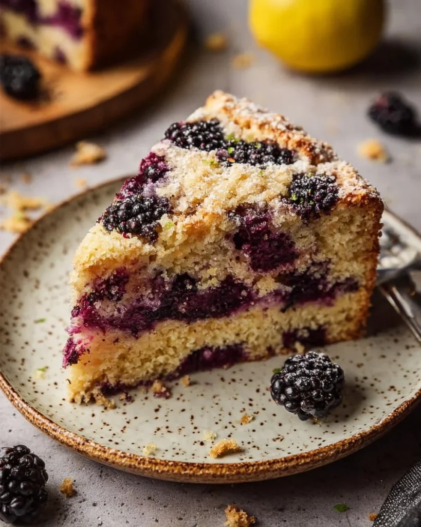 Delicious Blackberry Lemon Coffee Cake topped with fresh blackberries and lemon zest
