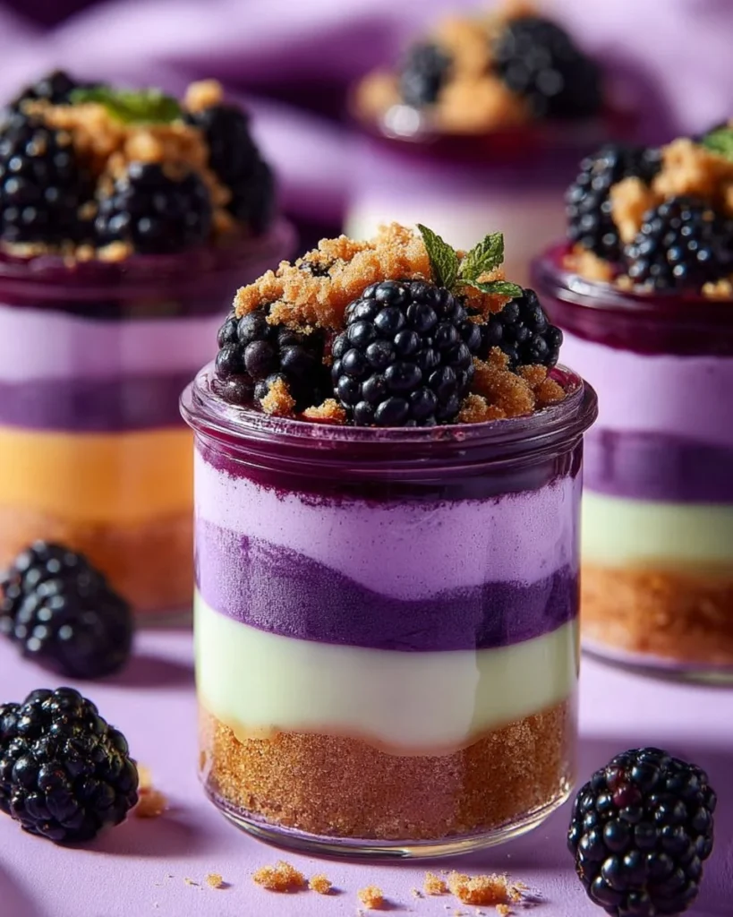 Delicious Blackberry Lime Cheesecake Jars topped with fresh blackberries