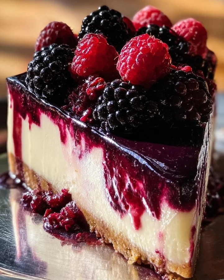 Delicious Blackberry Raspberry Cheesecake topped with fresh berries.