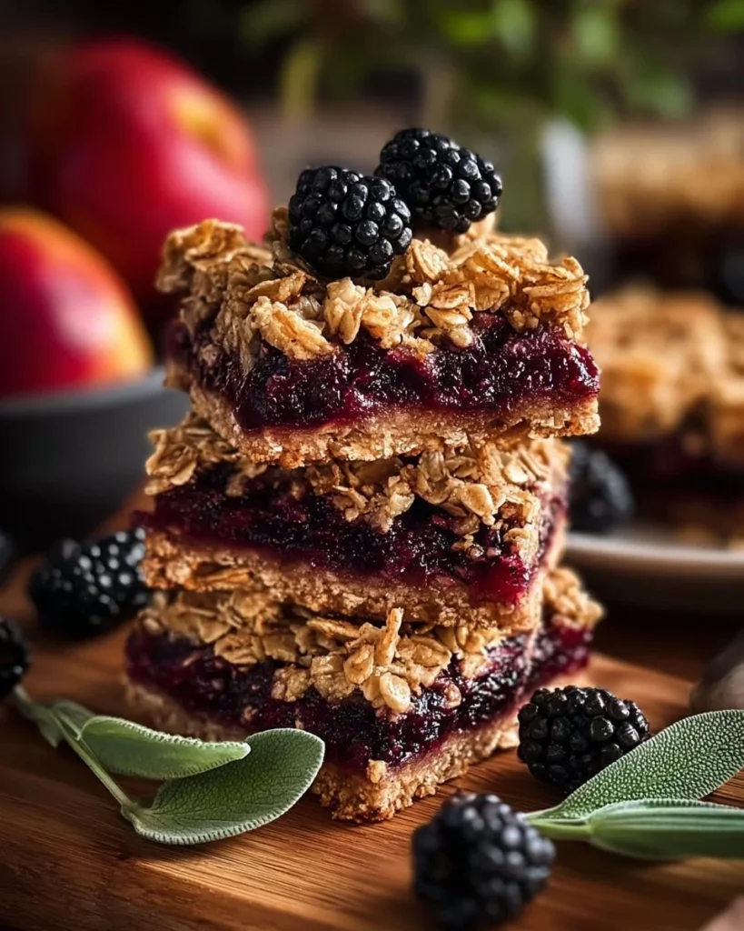 Blackberry, Sage, and Apple Oat Crumble Bars on a rustic wooden surface