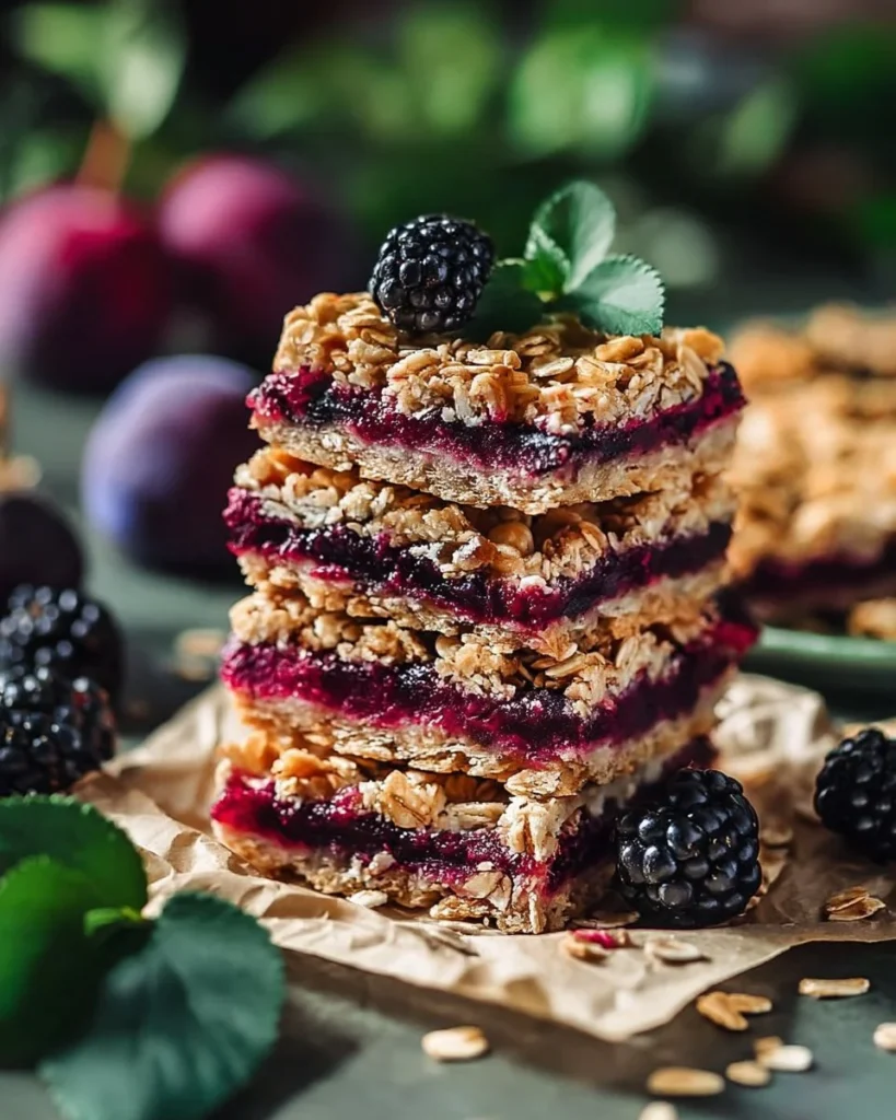 Blackberry, sage, and apple oat crumble bars served on a rustic wooden plate