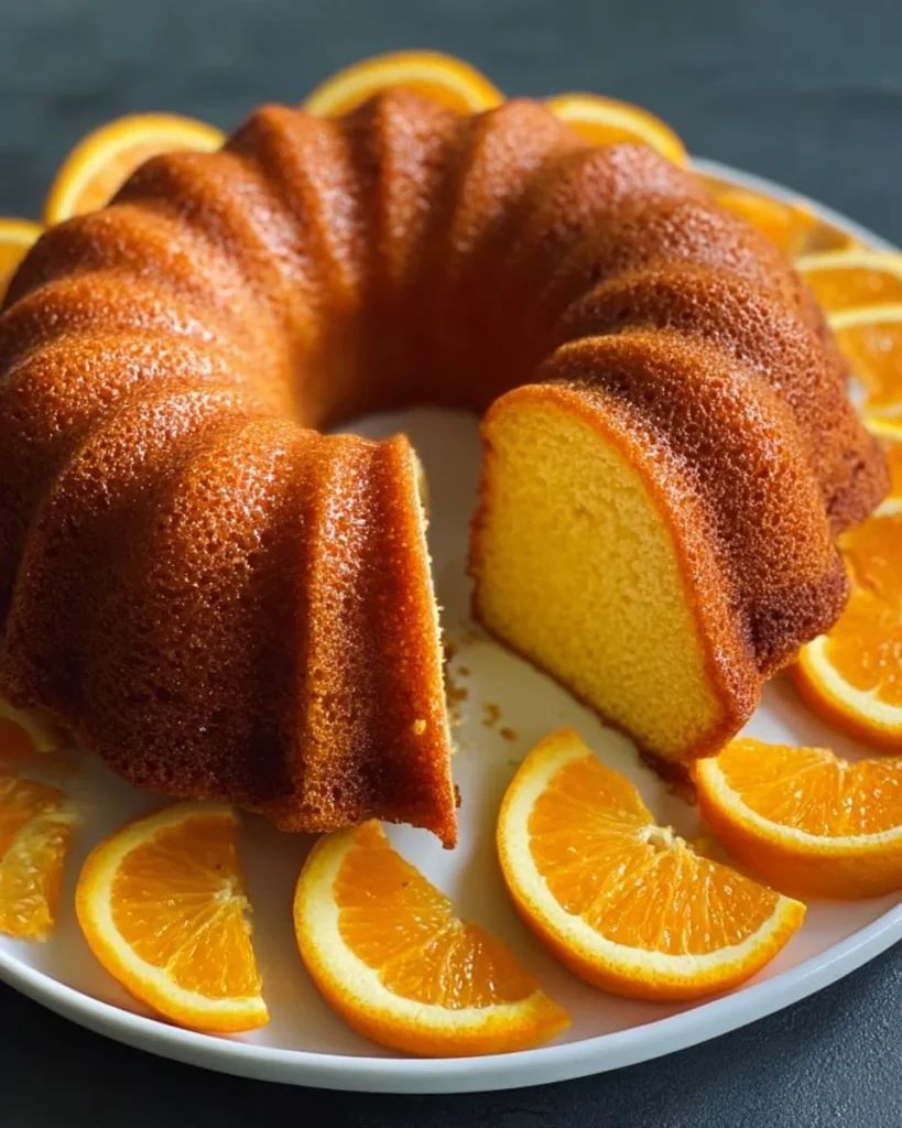 Deliciously baked Blender Orange Cake with fresh orange slices on top