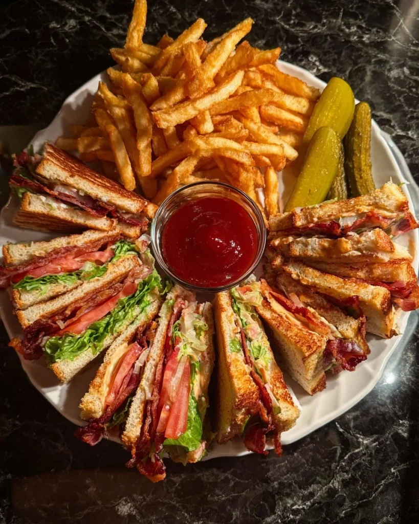 BLT double decker club sandwich with crispy bacon, lettuce, and tomatoes