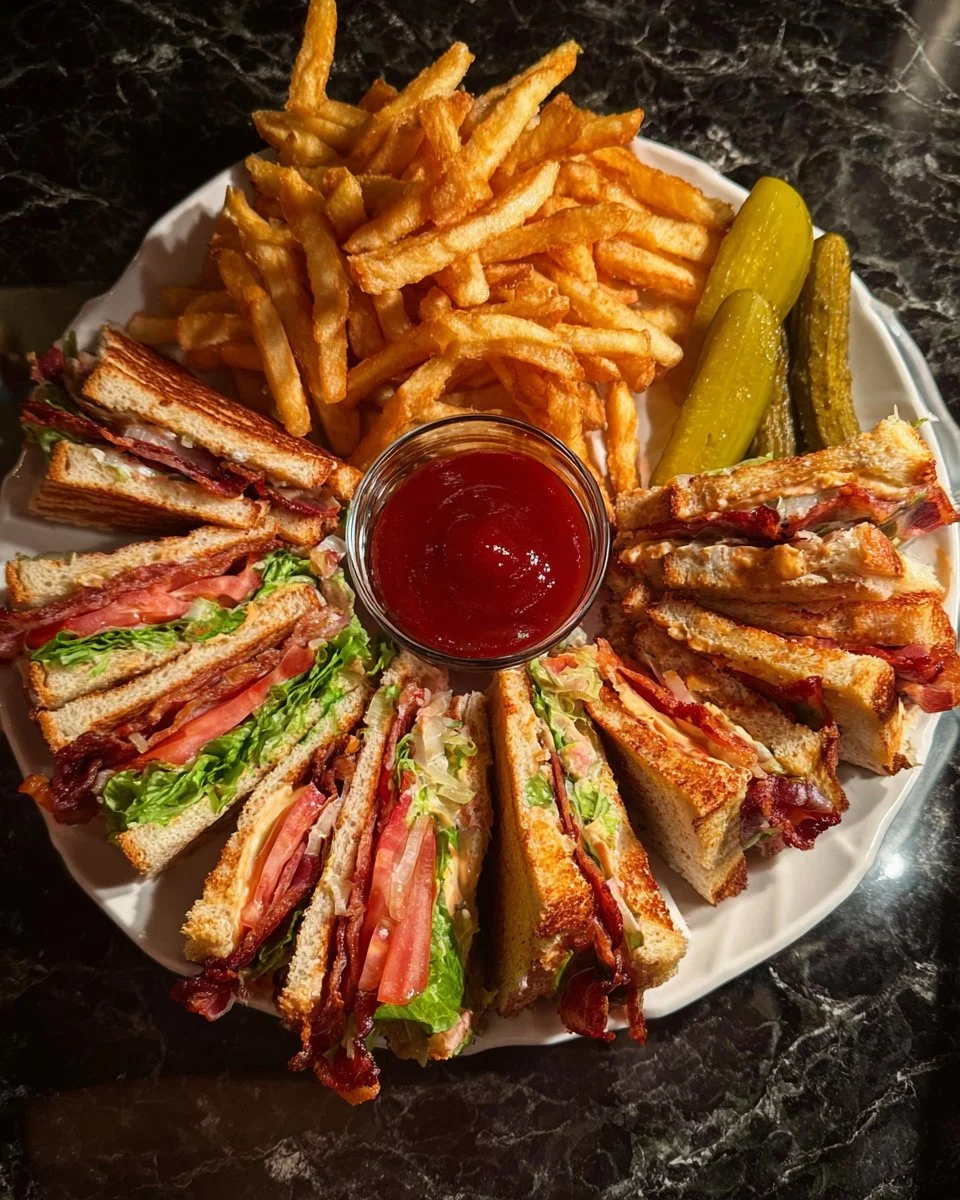 BLT double decker club sandwich with crispy bacon, lettuce, and tomatoes