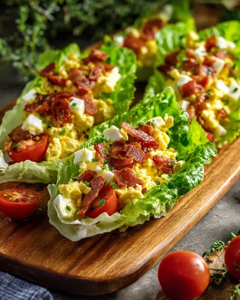 BLT Egg Salad Lettuce Wraps featuring creamy egg salad in fresh lettuce