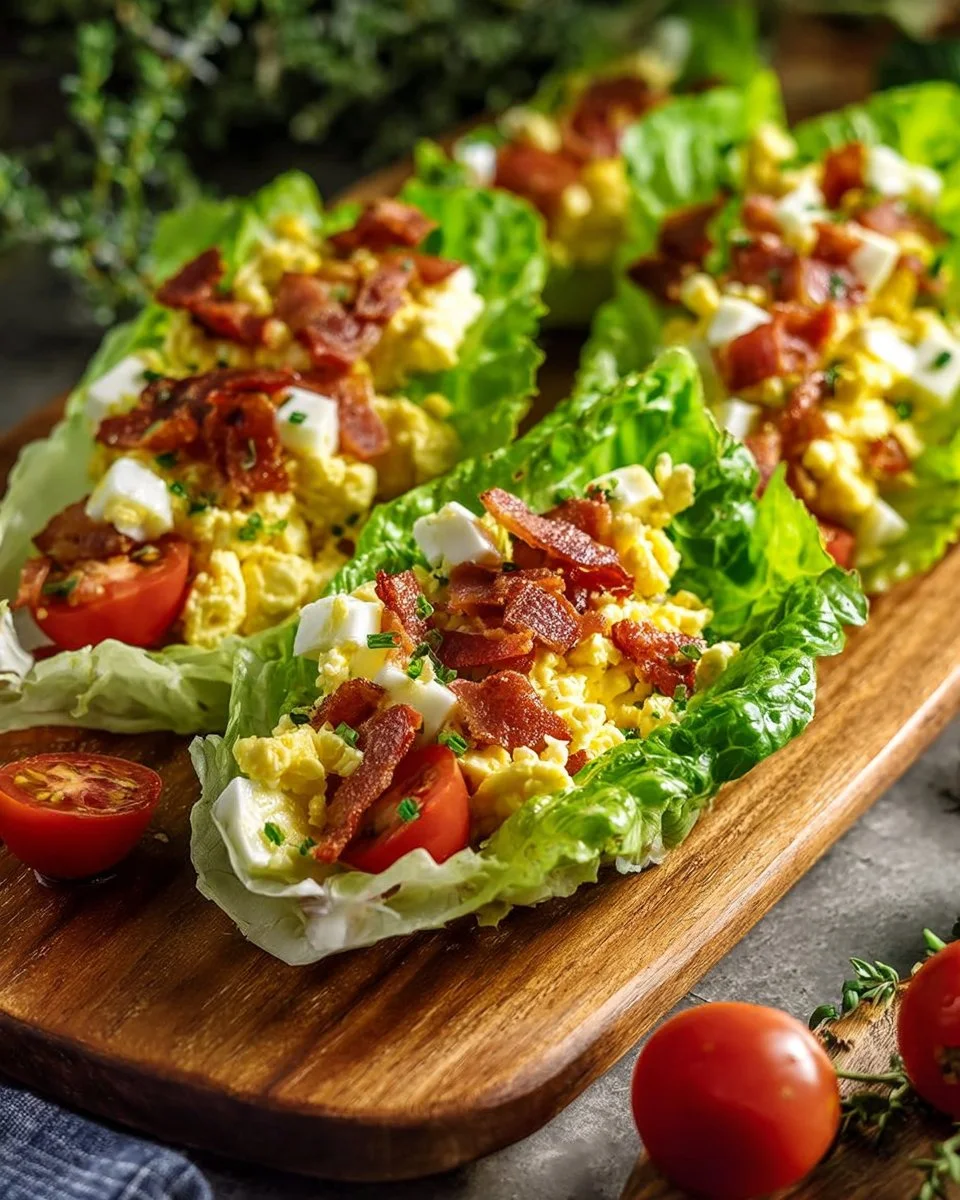 BLT Egg Salad Lettuce Wraps featuring creamy egg salad in fresh lettuce