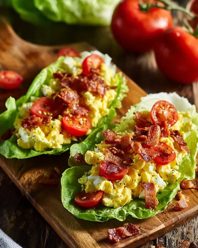 BLT egg salad lettuce wraps served on a white plate with fresh ingredients.