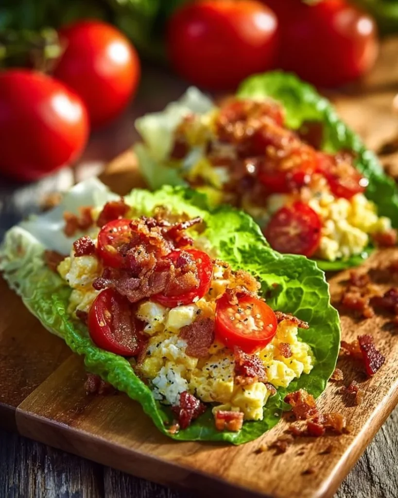 BLT egg salad lettuce wraps with crispy bacon, lettuce, and tomatoes