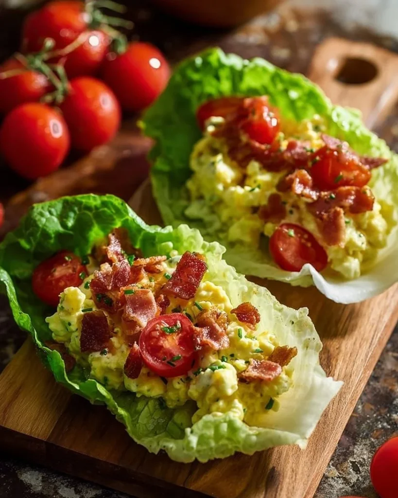 BLT egg salad lettuce wraps made with creamy egg salad and fresh ingredients