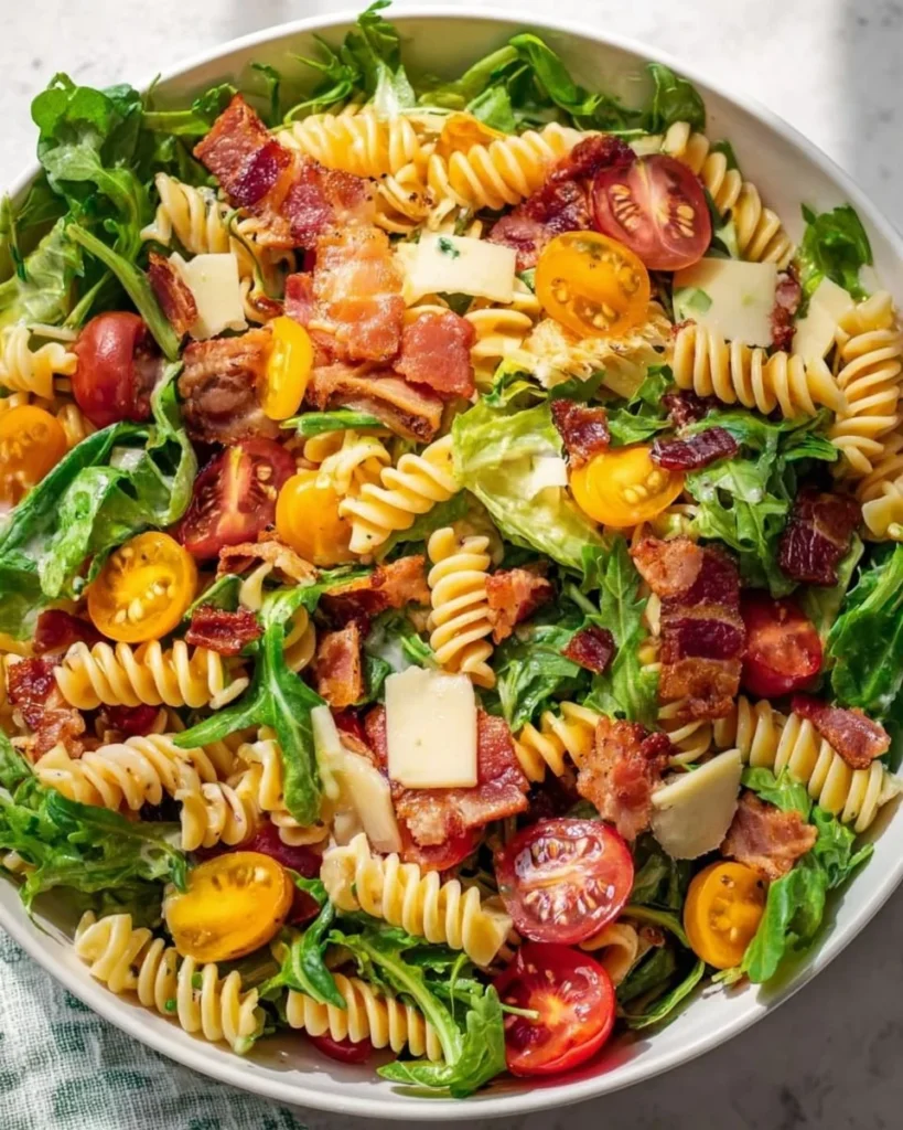 A bowl of fresh BLT Pasta Salad with bacon, lettuce, and tomatoes.
