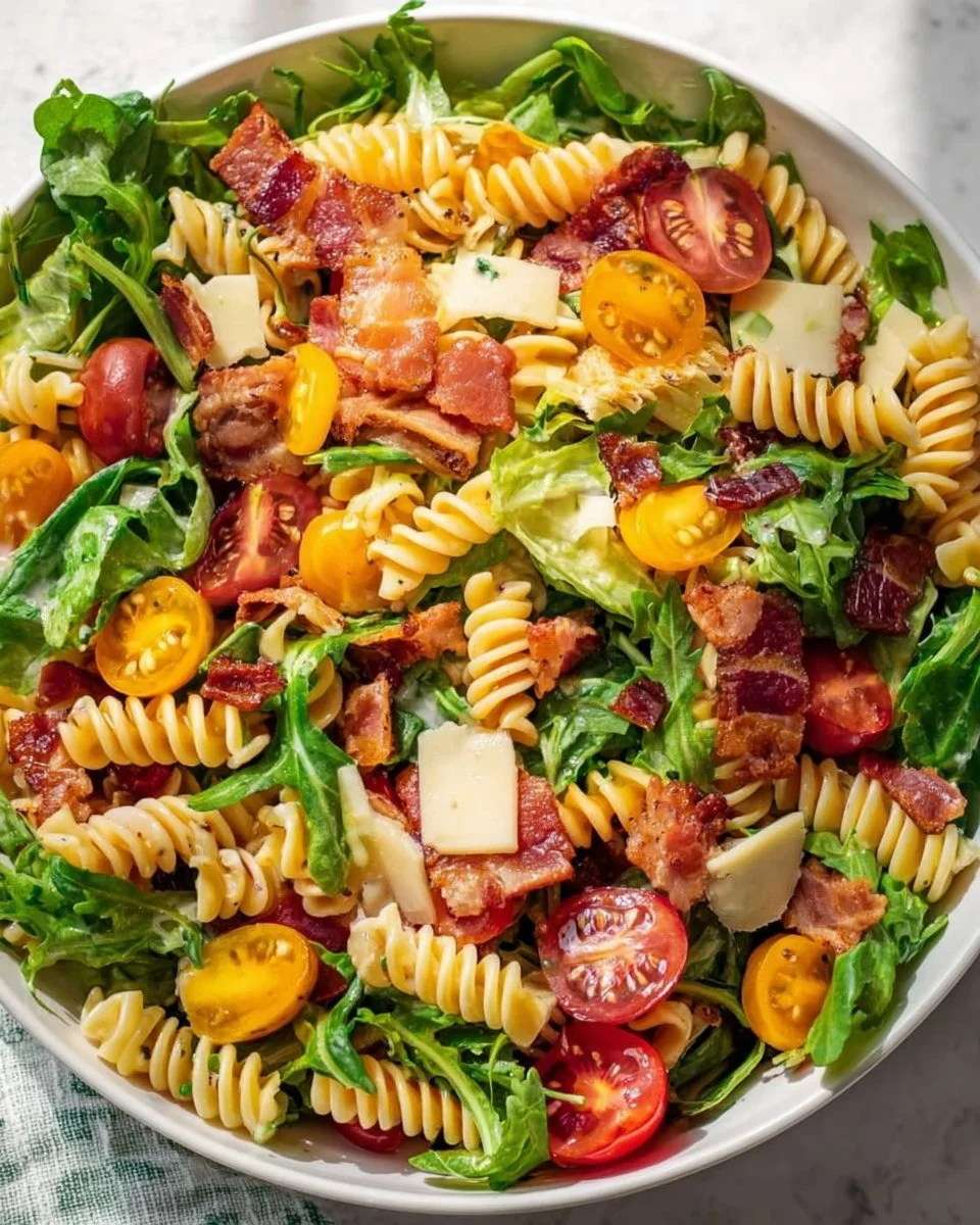 A bowl of fresh BLT Pasta Salad with bacon, lettuce, and tomatoes.
