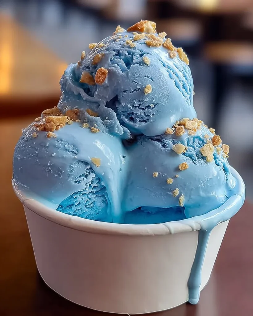 Delicious Blue Moon Ice Cream in a bowl with a scoop on top.