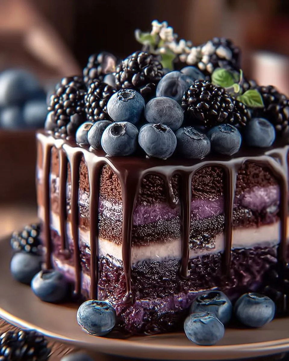 Decadent Blueberry Blackberry Chocolate Layer Cake with rich chocolate layers