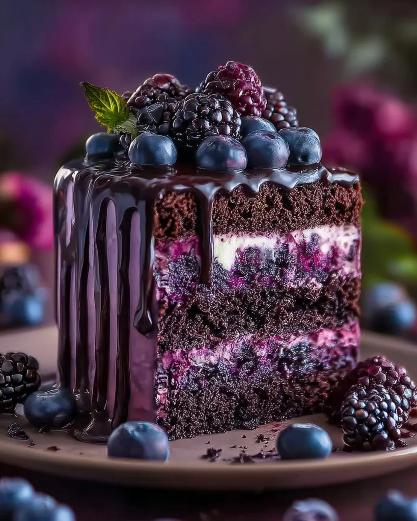 Blueberry Blackberry Chocolate Layer Cake with rich chocolate layers and berry topping