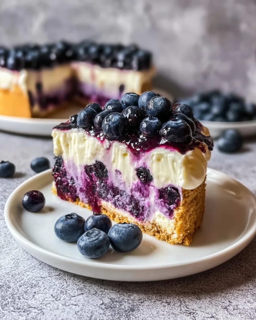 Delicious Blueberry Bliss Cheesecake topped with fresh blueberries and cream.
