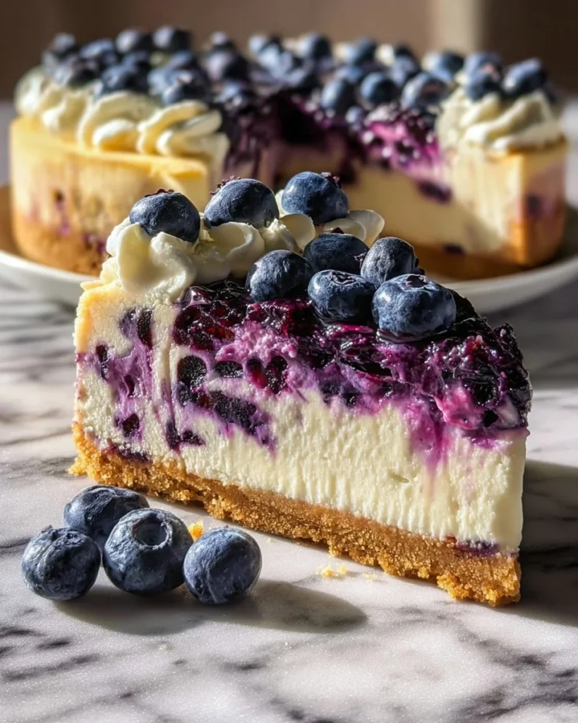 Delicious Blueberry Bliss Cheesecake topped with fresh blueberries and creamy filling