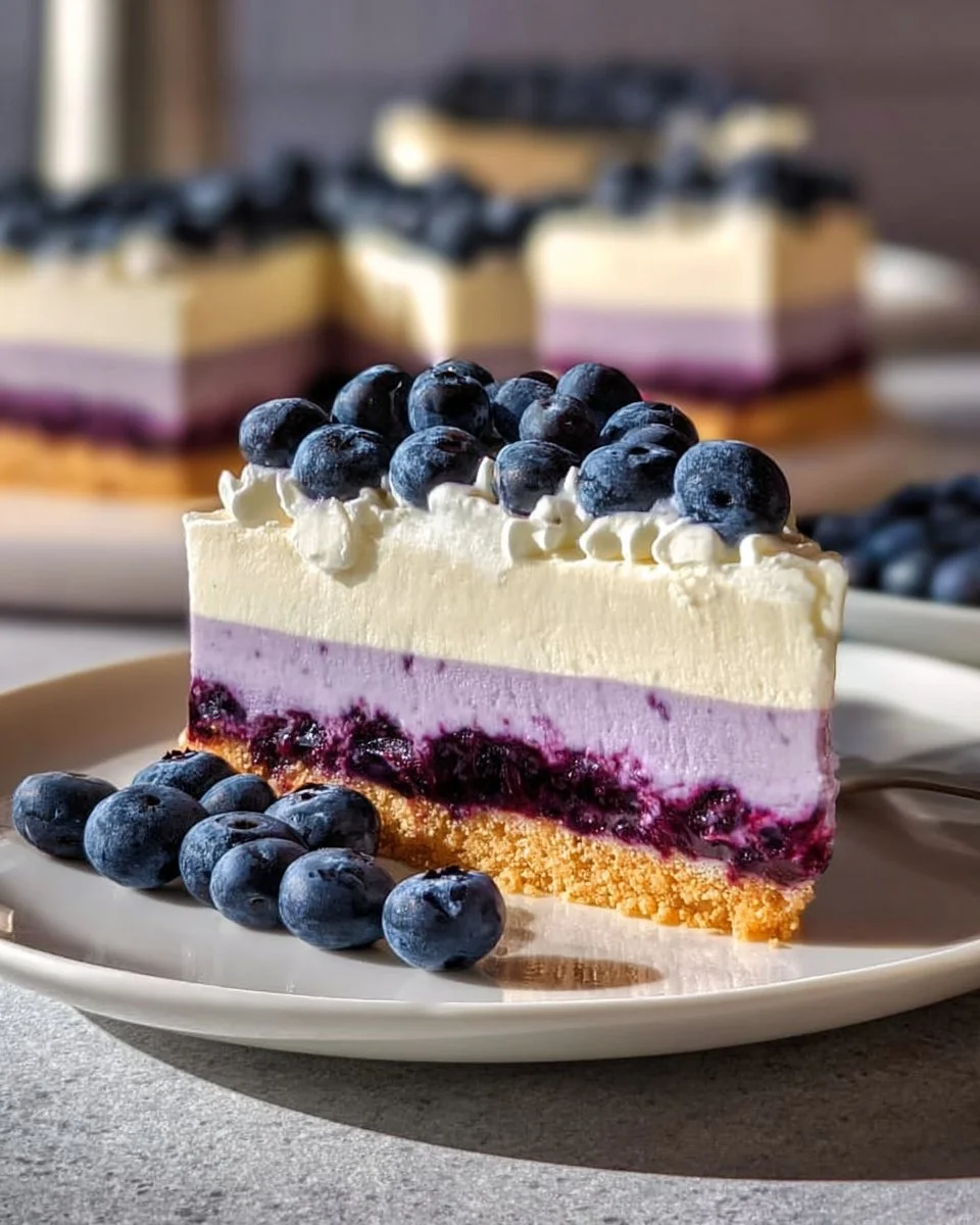 Delicious Blueberry Bliss Cheesecake topped with fresh blueberries and cream