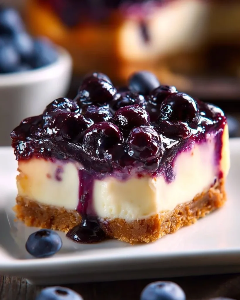 Delicious Blueberry Bliss Cheesecake Bars topped with fresh blueberries.