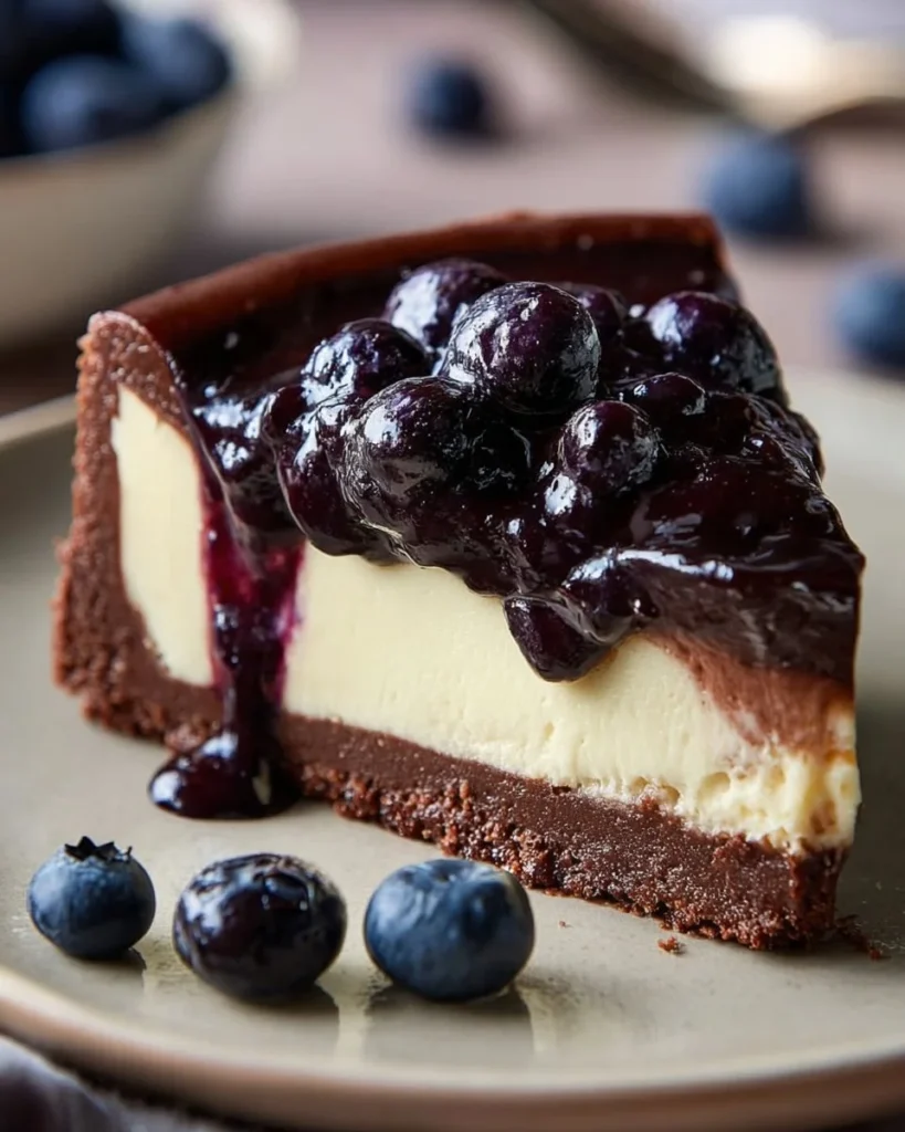 Blueberry brownie cheesecake topped with fresh blueberries and whipped cream