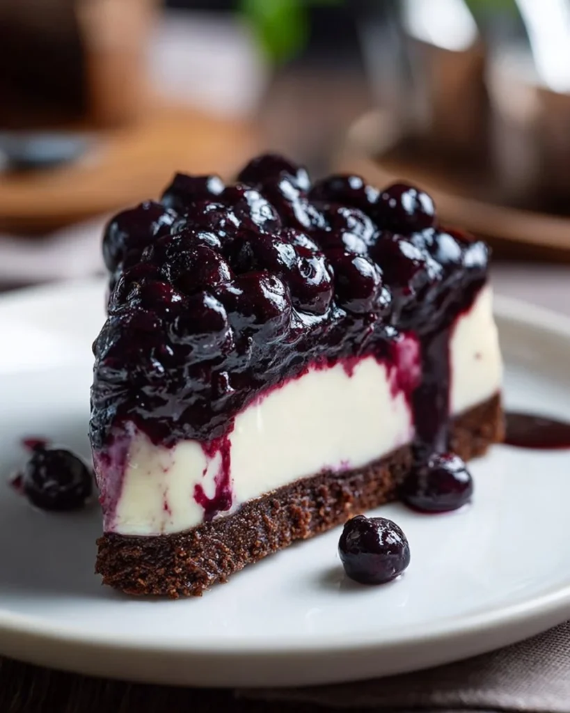 Blueberry brownie cheesecake slice on a plate with fresh blueberries